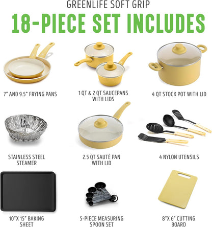 Soft Grip Healthy Ceramic Nonstick 18 Piece Kitchen Cookware Pots and Frying Sauce Saute Pans Set, PFAS-Free with Kitchen Utensils and Lid, Dishwasher Safe, Yellow