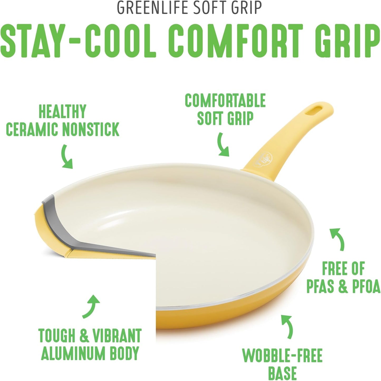 Soft Grip Healthy Ceramic Nonstick 18 Piece Kitchen Cookware Pots and Frying Sauce Saute Pans Set, PFAS-Free with Kitchen Utensils and Lid, Dishwasher Safe, Yellow