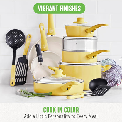 Soft Grip Healthy Ceramic Nonstick 18 Piece Kitchen Cookware Pots and Frying Sauce Saute Pans Set, PFAS-Free with Kitchen Utensils and Lid, Dishwasher Safe, Yellow