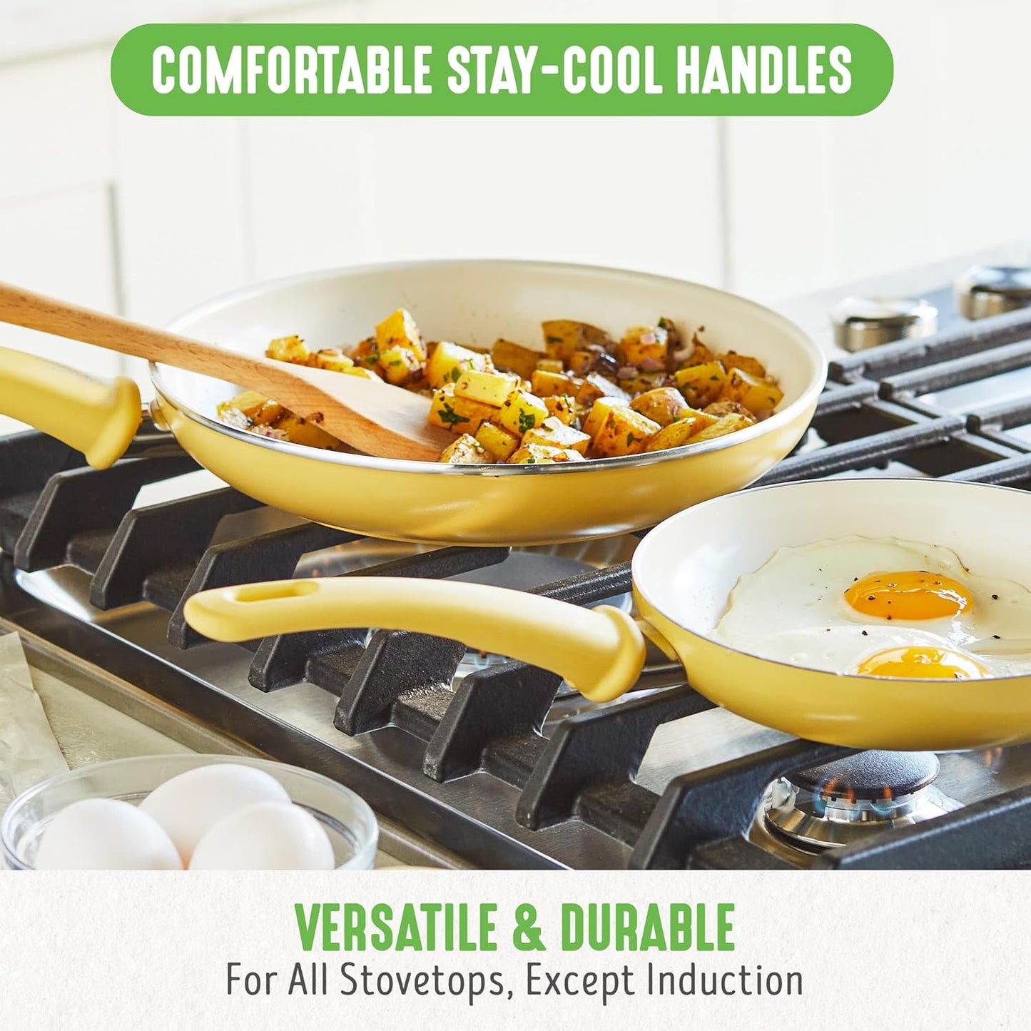 Soft Grip Healthy Ceramic Nonstick 18 Piece Kitchen Cookware Pots and Frying Sauce Saute Pans Set, PFAS-Free with Kitchen Utensils and Lid, Dishwasher Safe, Yellow