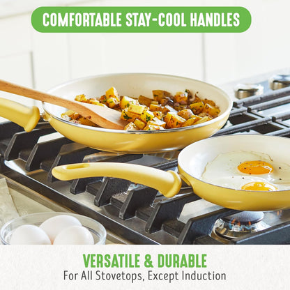 Soft Grip Healthy Ceramic Nonstick 18 Piece Kitchen Cookware Pots and Frying Sauce Saute Pans Set, PFAS-Free with Kitchen Utensils and Lid, Dishwasher Safe, Yellow