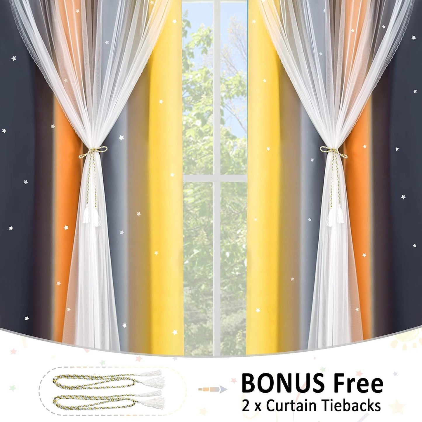 Nursery/Kids/Girls Room Star Cut Out Blackout Rainbow Curtain with Sheer Overlay 2 Panels, Each 52 inch Wide,108 inch Length with White Gauze,Ombre Stripe Rainbow Curtains (2 Pcs,52x108 Inch)