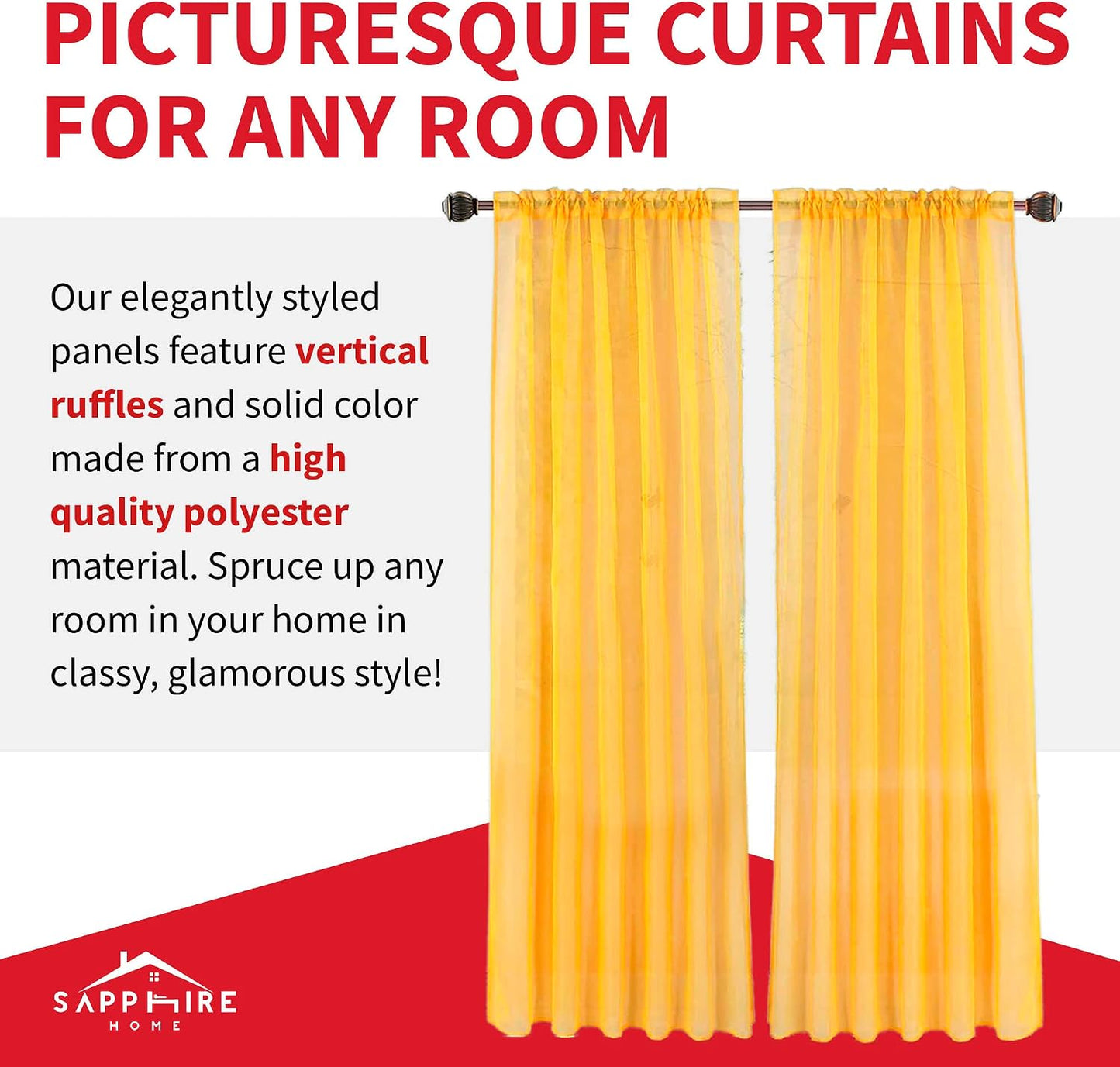 Sapphire Home Mustard Yellow Sheer Curtains - 63 Inches Length, 2 Panels Set Sheer Drapes, Light Filtering Textured Window Curtain for Living Room, Bedroom, Kitchen & Dining - 54"x63", Mustard Yellow