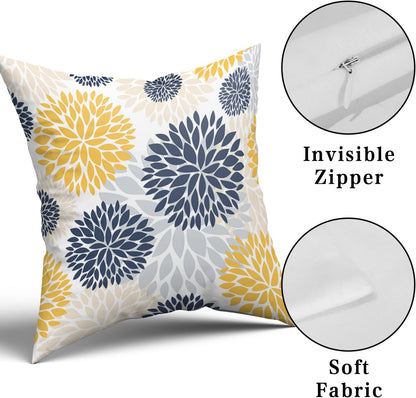 Kawani Navy Blue and Yellow Throw Pillows Covers 18x18 Set of 2, Gray Dahlia Flower Pillow Cushion Cases, Floral Decor Throw Pillows Cover Gifts for Bed Couch Sofa Living Room