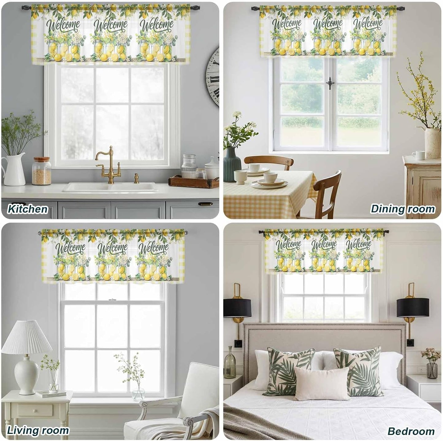 Summer Lemon Sheer Curtains Valances for Windows Yellow Plaid Fruits Floral Botanical Chiffon Kitchen Valances for Cafe, Rod Pocket Voile Window Treatments Curtains for Living Room Bedroom, 54"x18"