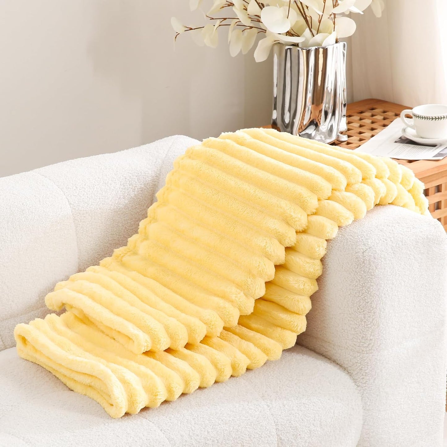 Excervent Solid Striped Flannel Fleece Blanket (50x70 inches, Light Yellow) Cozy Throw Blankets for Couch Sofa and Bed, Super Soft Luxurious Warm Blankets for Household Living Room Bedroom