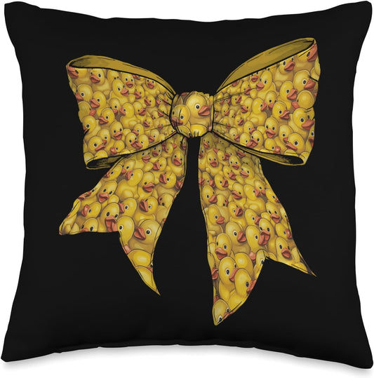 Rubber Duck Cute Yellow Duckie Pattern Girl Coquette Bow Throw Pillow