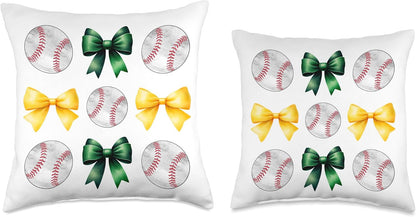 Baseballs & Green & Yellow Bows Tee Ball Mom School Pride Throw Pillow