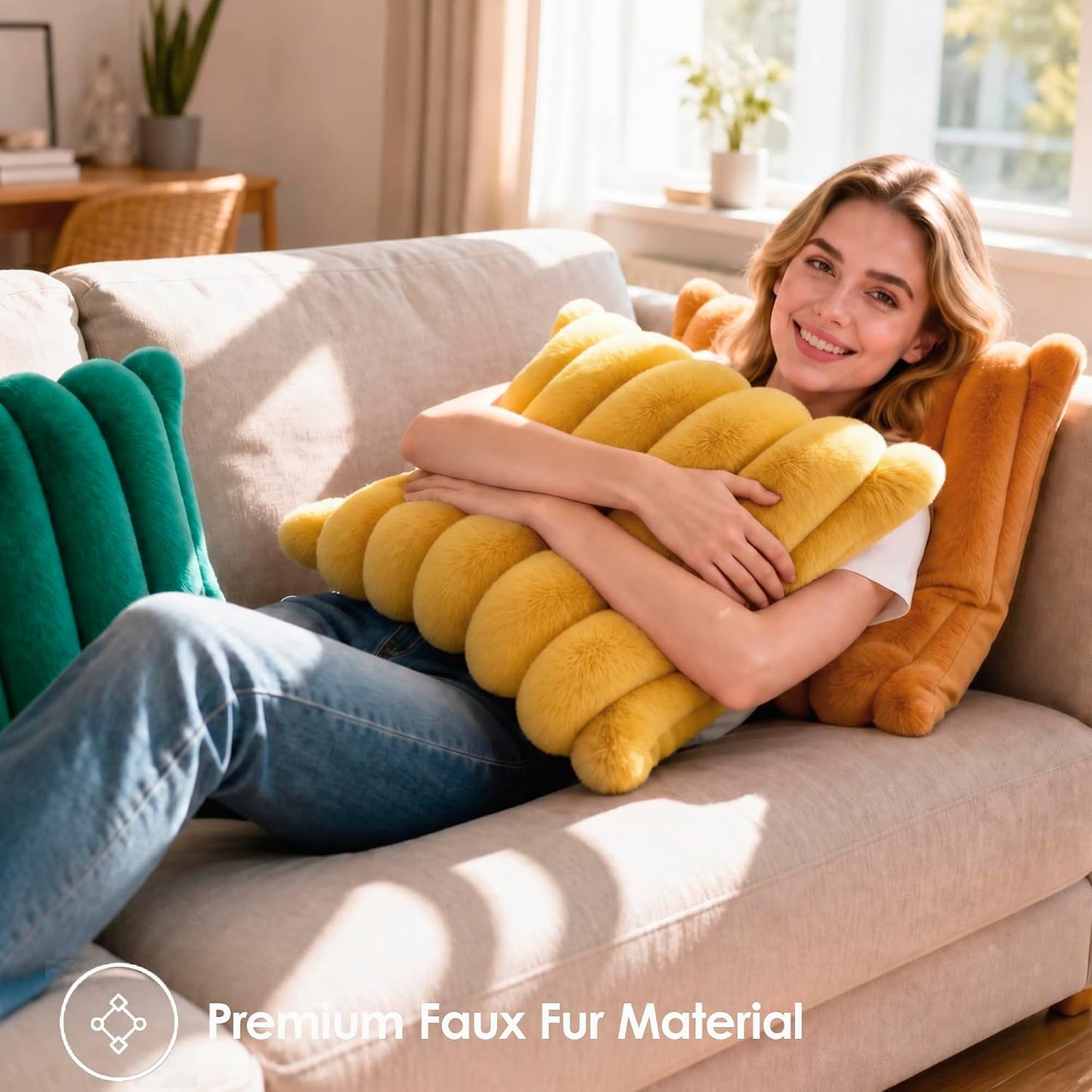 Faux Fur Throw Pillow Covers 20x20 Inch Yellow, Pack of 2 | Soft Stripe Quilted Plush Cushion Cases with Invisible Zipper for Couch Living Room Sofa Bedroom Decor & Farmhouse Aesthetic