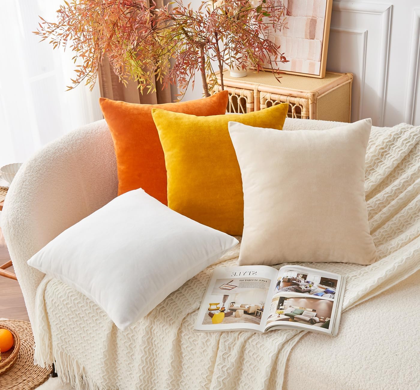 Throw Pillow Covers Mustard Yellow Set of 2 18x18 Inch Fall Pillow Covers, Soft Velvet Farmhouse Neutral Decorative Pillowcases for Couch Sofa Bed, Home Boho Decor, Modern Cushion Covers