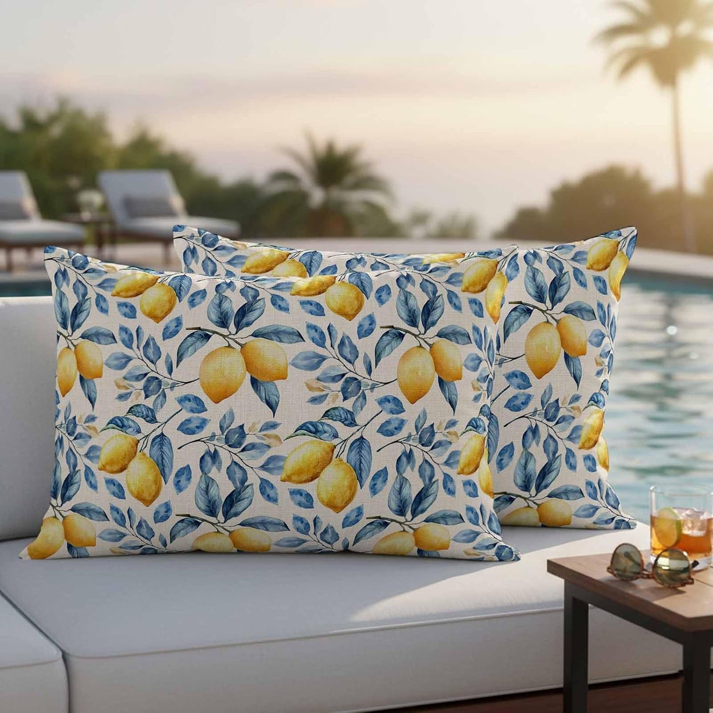 Outdoor Waterproof Throw Pillow Covers, Lemon Decorative Pillow Cases, Spring Summer Pastoral Fruit Leaf Branch Couch Pillow Protector Patio Sofa Cushion Covers Replacement 20"x12" 2 Pack