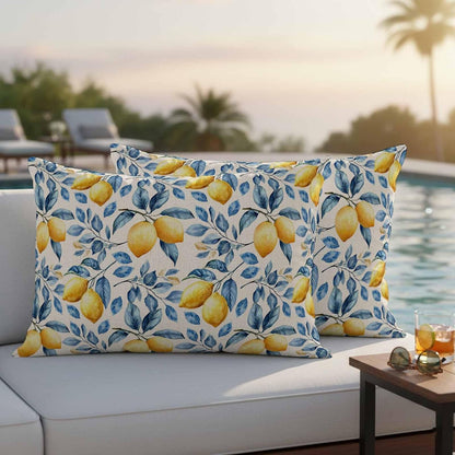 Outdoor Waterproof Throw Pillow Covers, Lemon Decorative Pillow Cases, Spring Summer Pastoral Fruit Leaf Branch Couch Pillow Protector Patio Sofa Cushion Covers Replacement 20"x12" 2 Pack