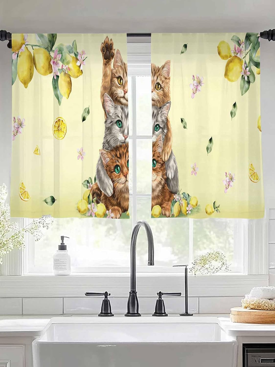 Lemons Cats Sheer Window Chiffon Curtains 54 Inches Long, Summer Rustic Botanical Fruits Yellow Windows Voile Curtain for Living Room, Elegant Light Filtering Window Drapes, 52"W x 54"L, 2 Panels