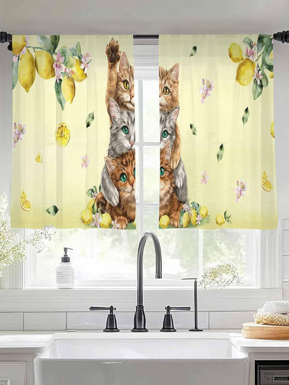 Lemons Cats Sheer Window Chiffon Curtains 54 Inches Long, Summer Rustic Botanical Fruits Yellow Windows Voile Curtain for Living Room, Elegant Light Filtering Window Drapes, 52"W x 54"L, 2 Panels