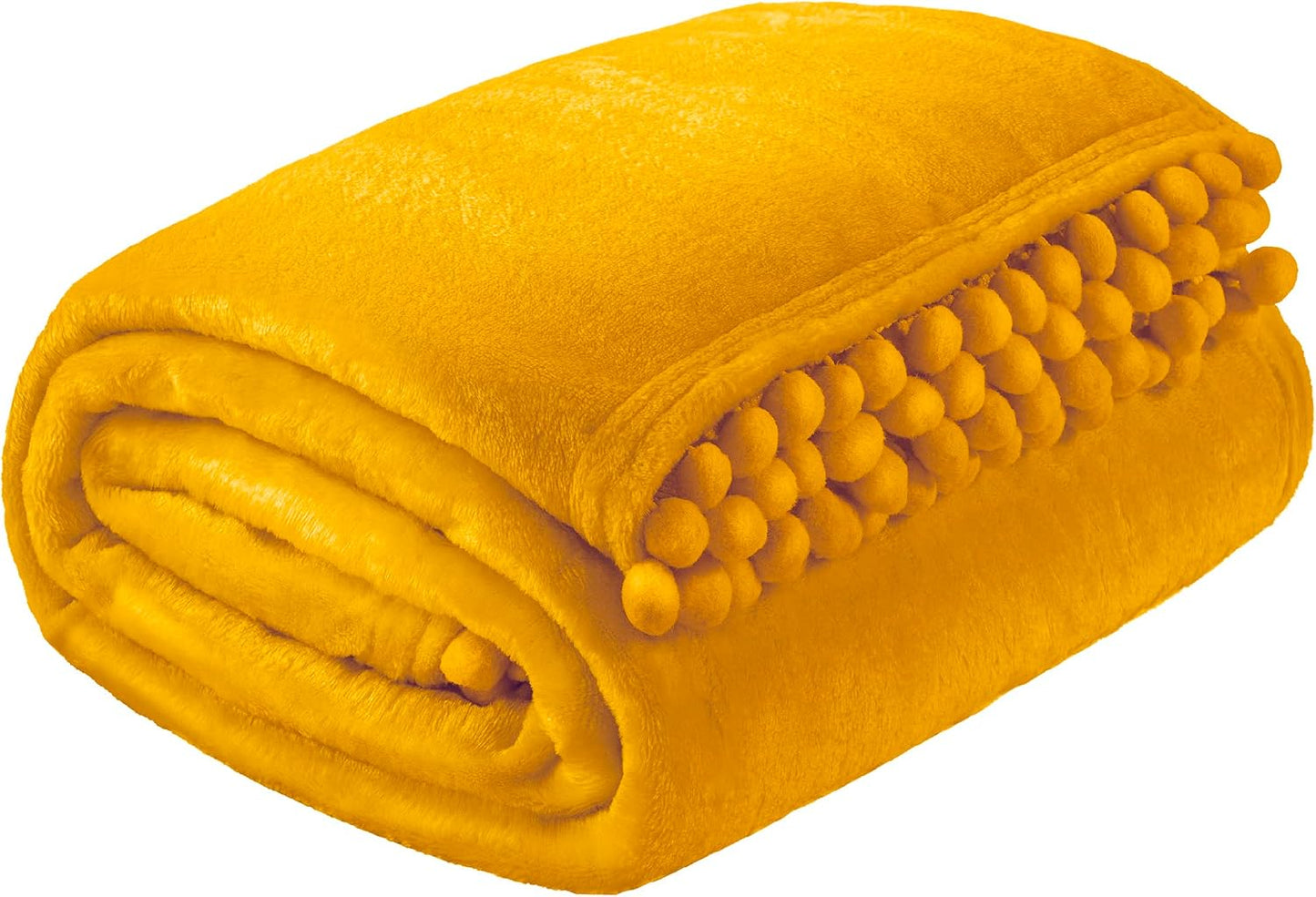PAVILIA Fleece Throw Blanket for Couch with Pom Pom Fringe, Mustard Yellow, Soft Cozy Fuzzy Flannel Blanket for Sofa Bed, Lightweight Plush All Season Throw, 50x60 Inches