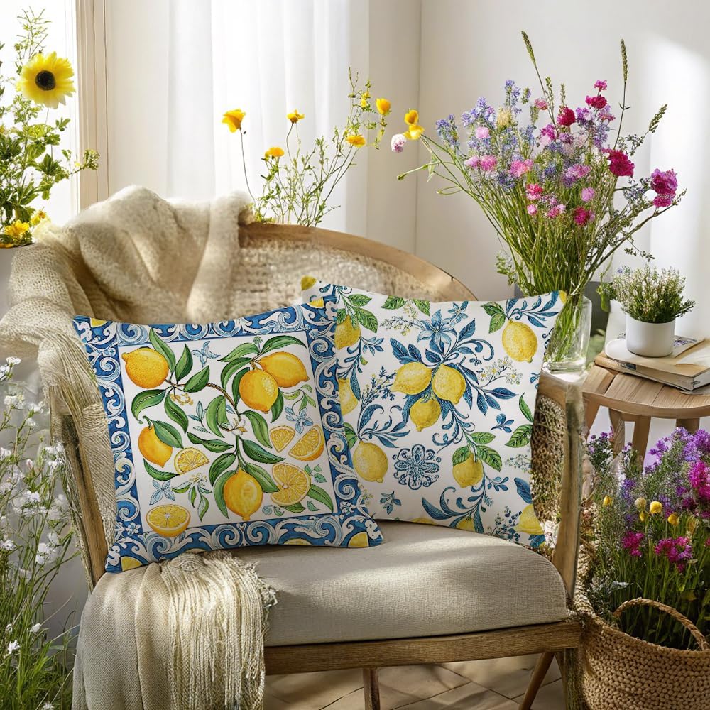 Pack of 4, Decorative Lemon Print Throw Pillow Cover, 18x18 inch, 100% Polyester, Hidden Zipper, Mediterranean Blue Border