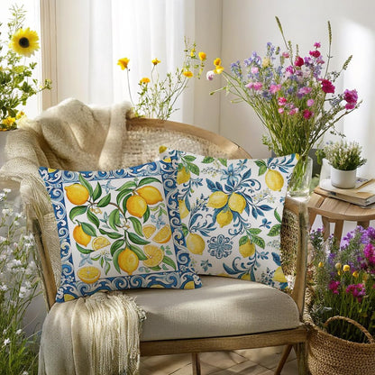 Pack of 4, Decorative Lemon Print Throw Pillow Cover, 18x18 inch, 100% Polyester, Hidden Zipper, Mediterranean Blue Border