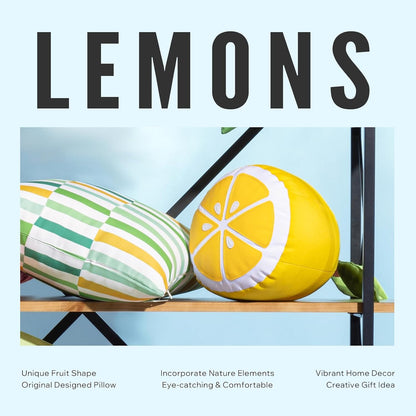 Phantoscope Fruit Outdoor Shaped Pillow Series Lemon Shaped Waterproof Outdoor Throw Pillow with Leather Decorative, Cushions for Fun Home Decor for Patio, Pool, Yellow and White, 12 x 10 inches