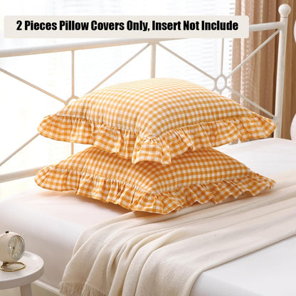 Mywinlle Yellow/White Plaid Ruffle Pillow Shams Throw Pillow Covers 20"x20", Checkered Washed Cotton Mustard Gingham Decorative Pillow Covers Shabby Pillowcases