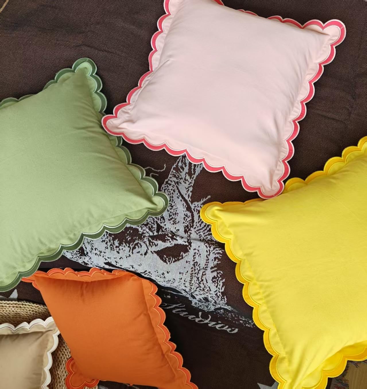 Scalloped Edge Embroidery Pillow Cover Set of 2 | Decorative Throw Pillow Covers | Boho-Chic Cushion Covers for Living Room (Yellow)