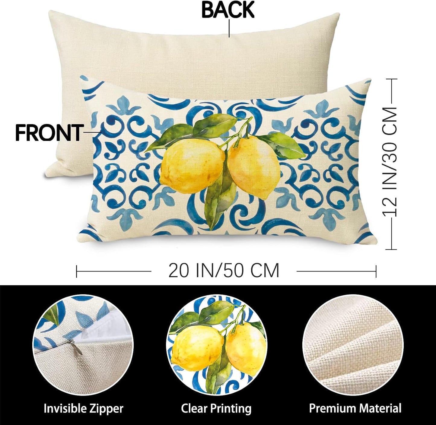 Blue Lemon Lumbar Decorative Throw Pillow Cover 12 x 20, Rectangular Amalfi Coast Citrus Italy Tile Pattern Outdoor Home Decor, Summer Mediterranean Couch Cushion Case Housewarming Gift