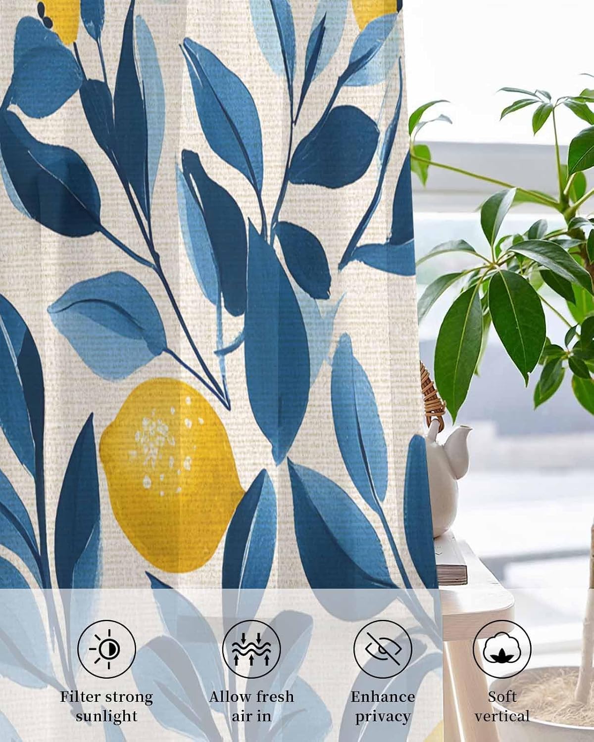Lemon Sheer Curtains 63 Inch Length 2 Panels Set, Watercolor Yellow Blue Fruit Branch Flower Grommet Kitchen Curtains Sheer Window Curtain for Living Room Bedroom Light & Airy Privacy Drapes