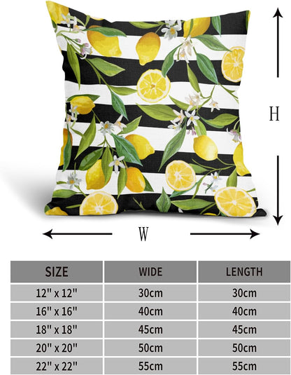 Lemon Pillow Covers 18x18 Inch Set of 2 Summer Fruit Black and White Stripes Linen Cotton Decorative Throw Pillow Case Floral and Leaves Cushion Cover for Bedroom Sofa Living Room Chair Home Decor