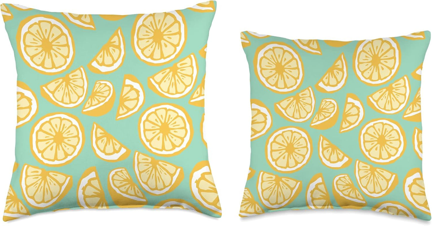 Cute Teal & Yellow Lemon Slice Summer Citrus Fruit Pattern Throw Pillow