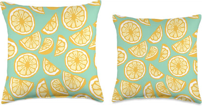 Cute Teal & Yellow Lemon Slice Summer Citrus Fruit Pattern Throw Pillow