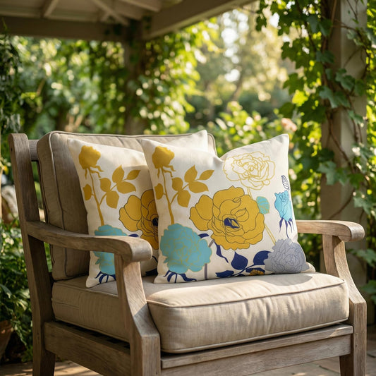Blue Yellow Floral Pillow Covers 18x18 Set of 2 Thick Cotton Linen Spring Summer Throw Pillow Covers for Couch Bed Outdoor Patio Furniture Porch Vintage Flower Cushion Covers