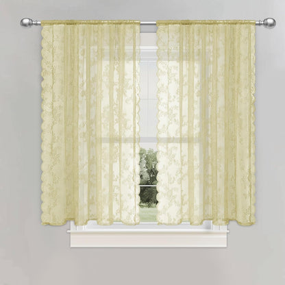 ENJOYBRIDAL Yellow Curtains 84 Inches Long Scalloped Living Room Drapes Sheer Lace Floor Length Rod Pocket Window Curtains 2 Panel Sets Boho Bedroom French Country Floral Window Treatments