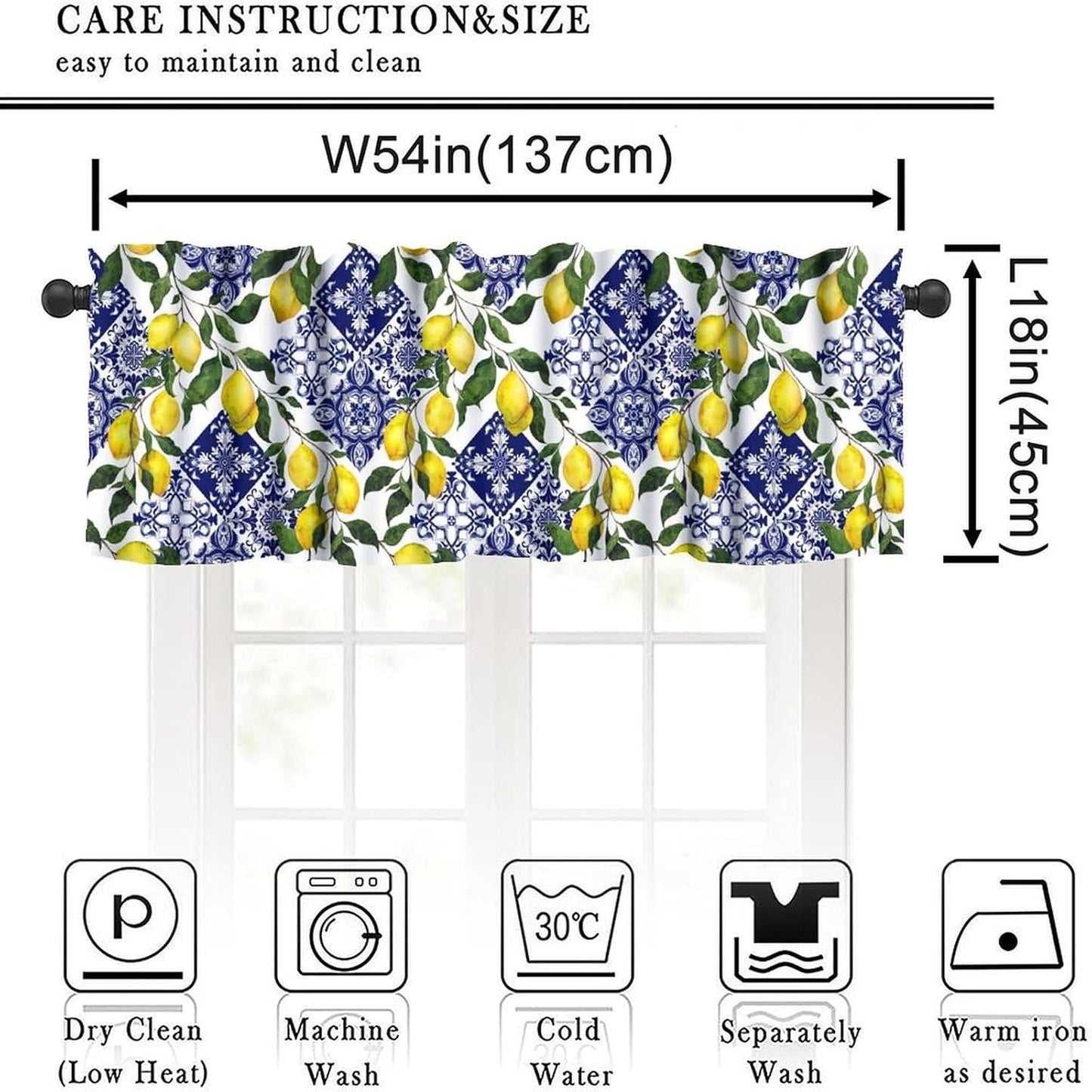 Blue Tiles Lemon Valance Curtain Summer Fruit Chic Rod Pocket Valance Window Treatments Short Curtains for Kitchen Farmhouse Living Room Bathroom Decor 54x18inch