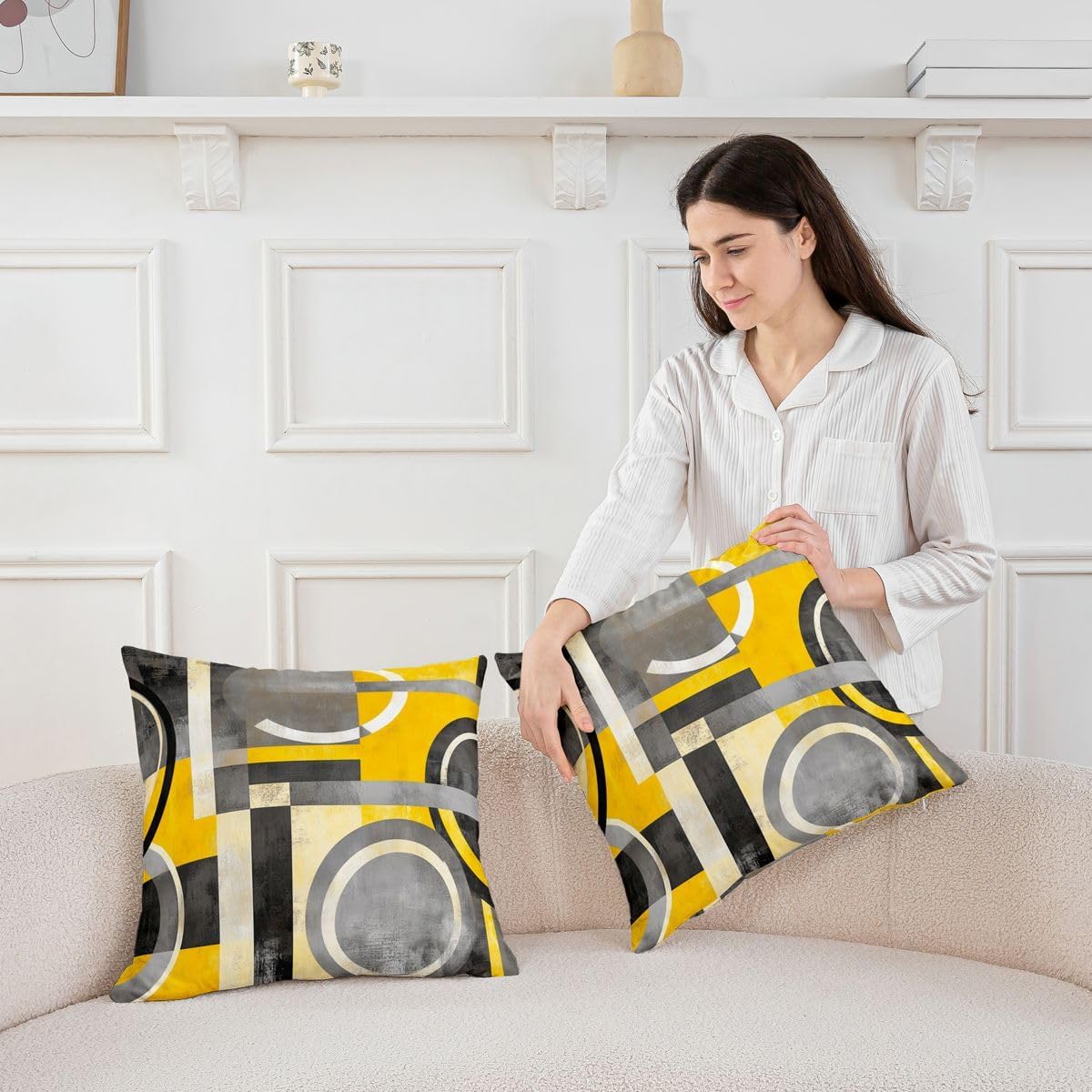 Feelyou Yellow Grey Circle Geometric Reversible Throw Pillow Covers,Geometric Pillow Covers Home Decor Stripe Line Square Cushion Covers Set of 2 for Bed Sofa Couch,Modern Abstract Art 16 x 16-Inch