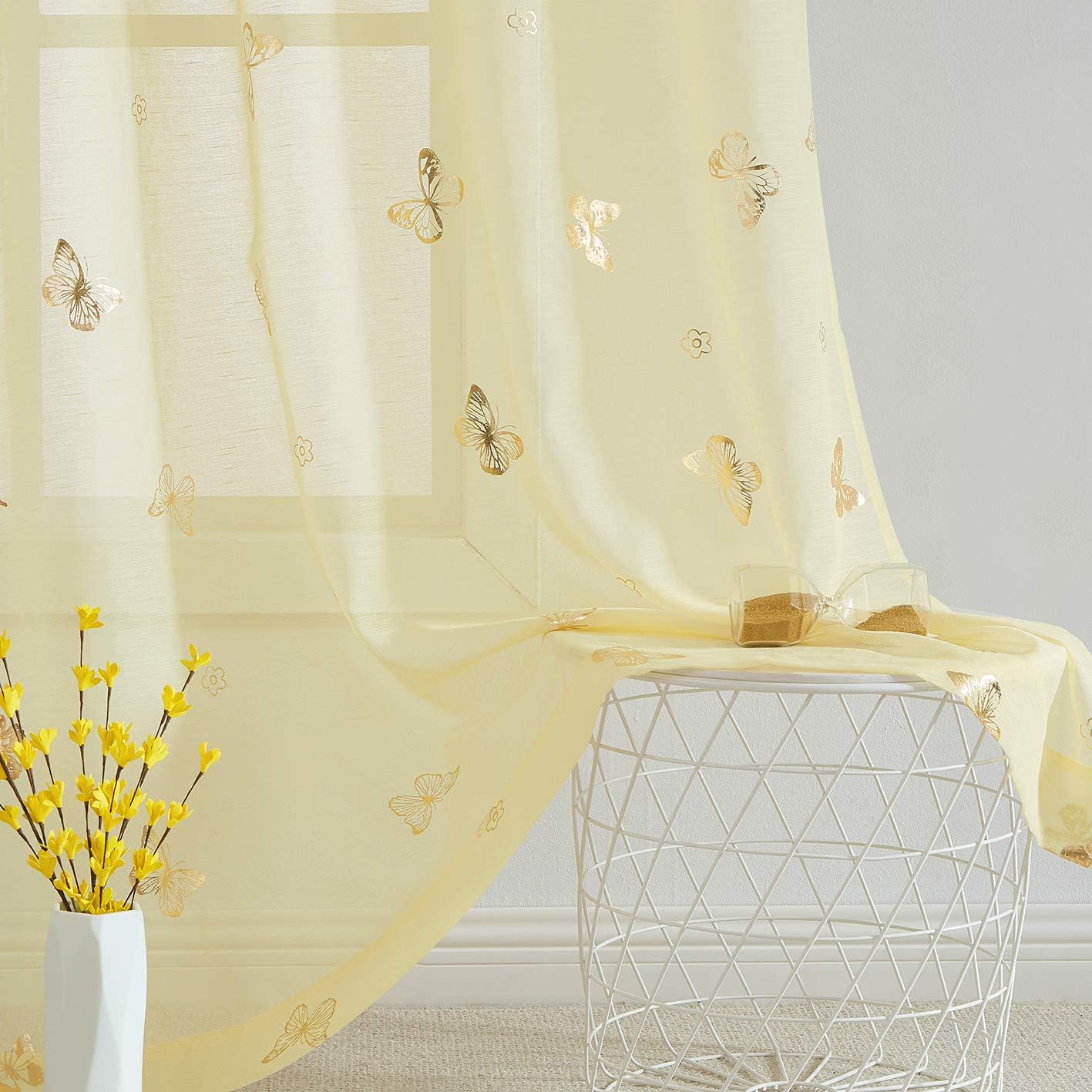 Jubilantex Yellow Butterfly Sheer Curtain Panels for Kids Nursery Bedroom, Baby Girls Toddler Gold Print Linen Textured Rod Pocket Voile Drapes 63 Inch Long for Living Room,2 Panels