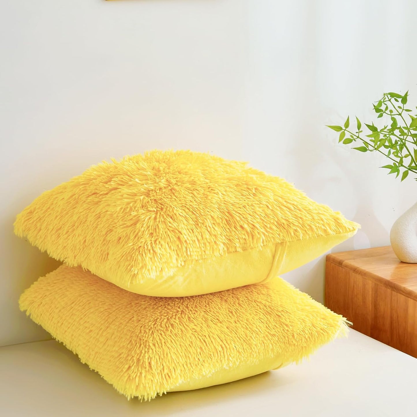 Fluffy Throw Pillow Covers Yellow 18"x18" Faux Fur Furry Cushion Covers Shaggy Plush Fuzzy Pillow Cases Decorative Pillow Shams with Zipper Set of 2 for Sofa Living Room Bedroom Interior