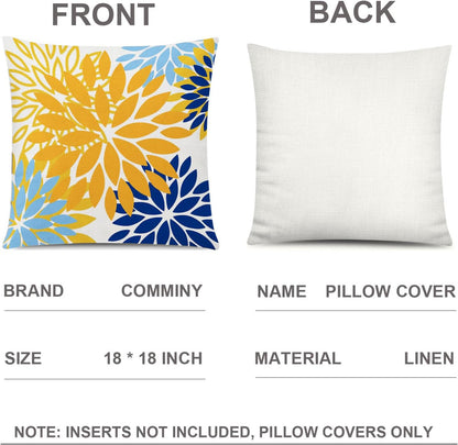 COMMINY Yellow Blue Pillow Covers 18x18 Set of 6, Daisy Flower Throw Pillow Cover Case Rustic Square Cushion Cover for Sofa Bedroom Living Room Farmhouse Home Decor