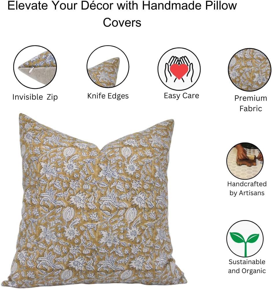 Pillow Covers Handmade Block Print Thick Linen 20X20 Throw Pillowcase Cushion Cover with Zipper for Sofa, Couch, Bed, Fall Decoration, Boho Home Decor, Manikarnika, Light Mustard