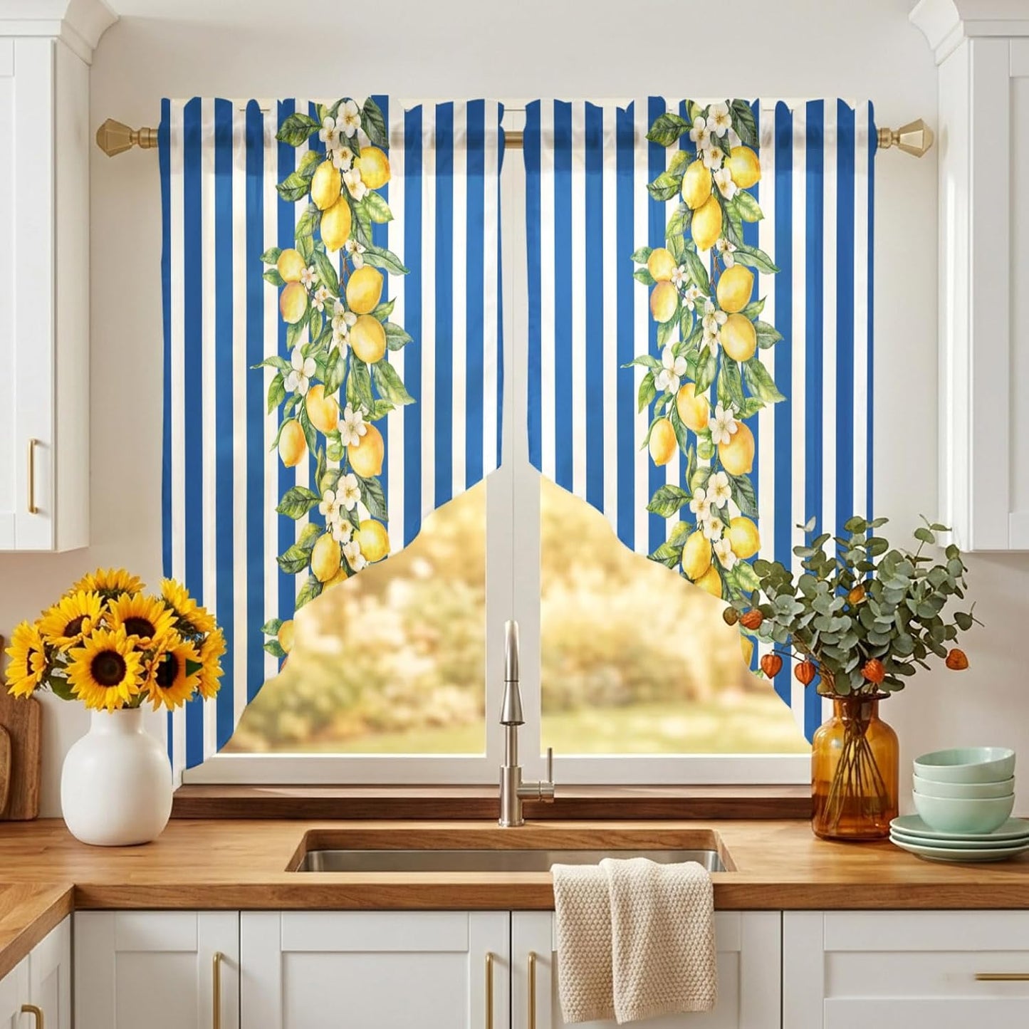 Blue Stripes Lemon Swag Curtains 36 Inch Length 2 Panels Set,Spring Fruit Flowers Leaves Line Semi-Sheer Curtain Drapes Rod Pocket Valance For Kitchen,Living Room,Bedroom,Bathroom Window 56"Wx36"L