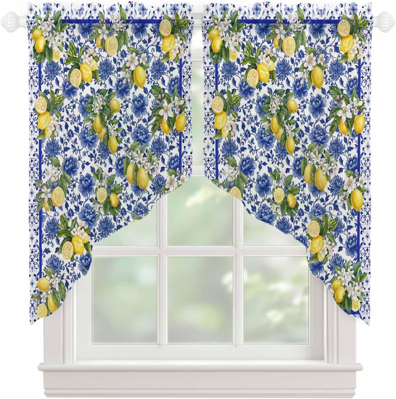 Summer Lemons Swag Curtains 36 Inch Length 2 Panels Set, Watercolor Yellow Fruits Blue Flowers Semi-Sheer Curtain Drapes Rod Pocket Valance For Kitchen,Living Room,Bedroom,Bathroom,Cafe 56"Wx36"L