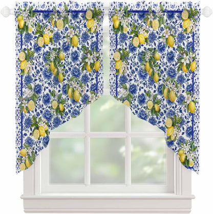 Summer Lemons Swag Curtains 36 Inch Length 2 Panels Set, Watercolor Yellow Fruits Blue Flowers Semi-Sheer Curtain Drapes Rod Pocket Valance For Kitchen,Living Room,Bedroom,Bathroom,Cafe 56"Wx36"L
