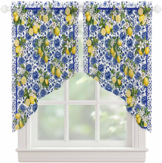 Summer Lemons Swag Curtains 36 Inch Length 2 Panels Set, Watercolor Yellow Fruits Blue Flowers Semi-Sheer Curtain Drapes Rod Pocket Valance For Kitchen,Living Room,Bedroom,Bathroom,Cafe 56"Wx36"L