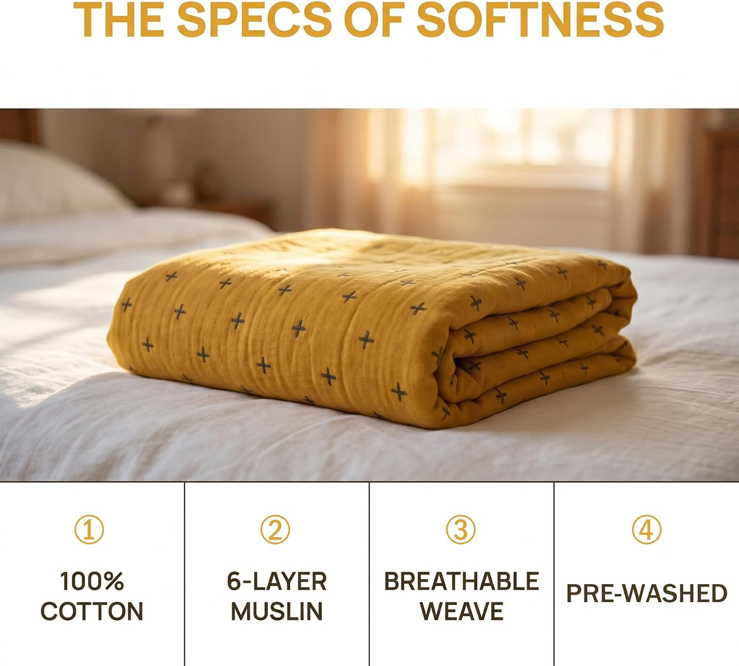 SANACYNA Muslin Blankets for Adults 100% Cotton 6-Layer Gauze Yellow Geometric Bed Blanket Lightweight Soft and Breathable King Blanket for Sofa Bed Coverlet Both Sides (Yellow, King 90" X 104")