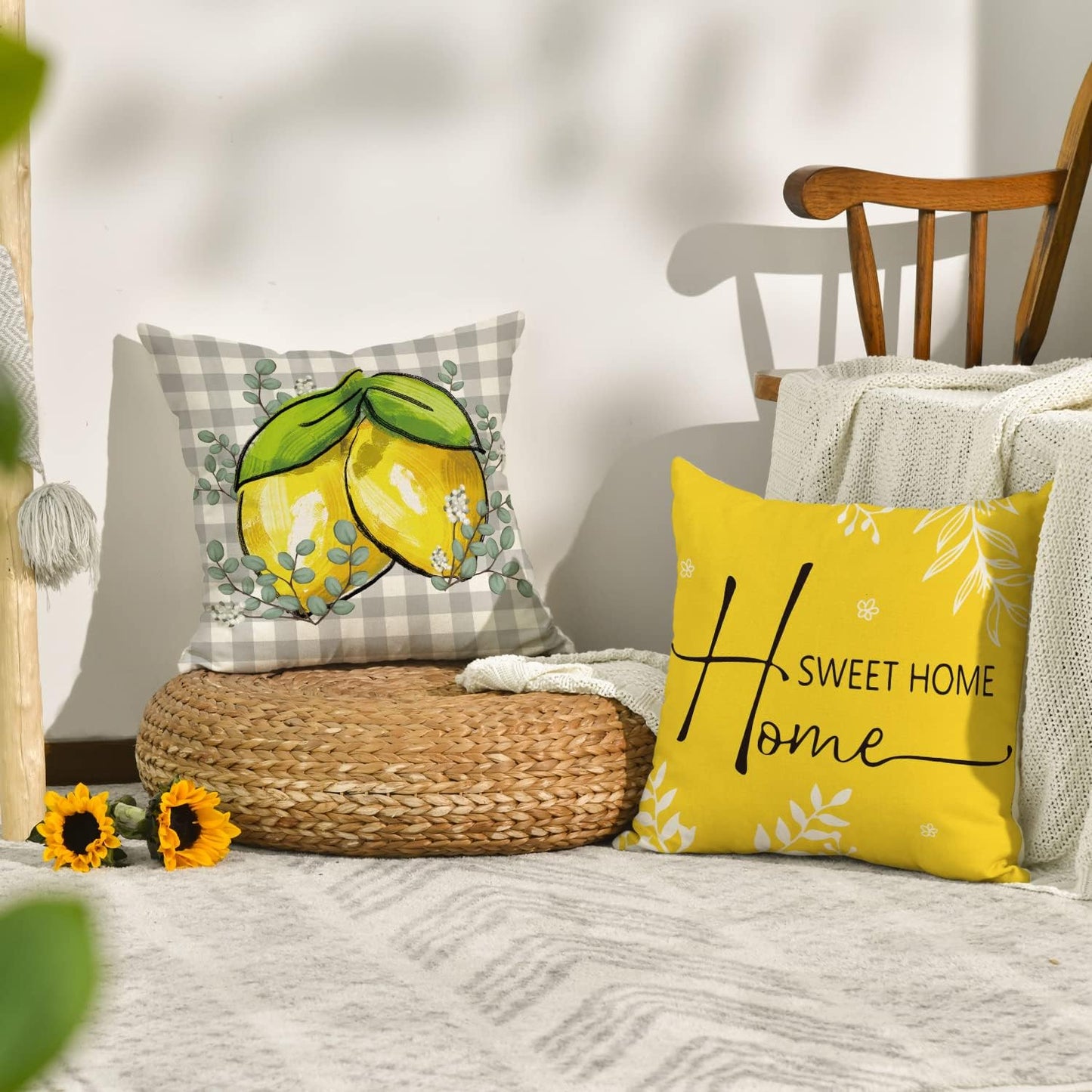 AVOIN colorlife Summer Lemon Buffalo Plaid Throw Pillow Covers, 18 x 18 Inch Home Sweet Home Family is Everything Cushion Case for Sofa Couch Set of 4