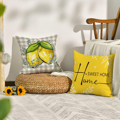 AVOIN colorlife Summer Lemon Buffalo Plaid Throw Pillow Covers, 18 x 18 Inch Home Sweet Home Family is Everything Cushion Case for Sofa Couch Set of 4