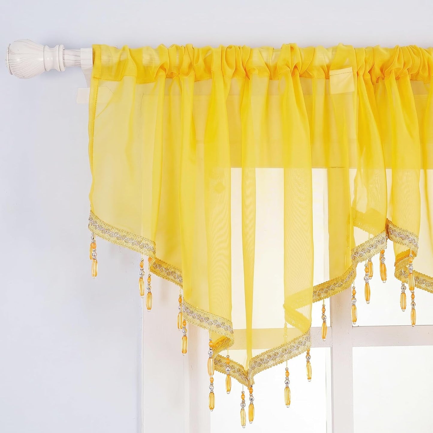 Molaxhome Swag Curtain 51 inch Length Rod Pocket Scalloped Curtain Valance Sheer Lace Panels with Hanging Crystal Beads for Kitchen Bedroom Window Treatments Drape Decor 1pc (Yellow, 51Wx23L)