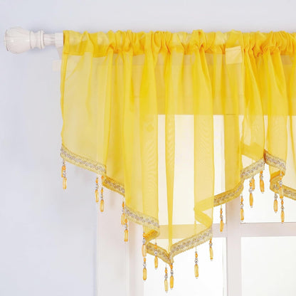 Molaxhome Swag Curtain 51 inch Length Rod Pocket Scalloped Curtain Valance Sheer Lace Panels with Hanging Crystal Beads for Kitchen Bedroom Window Treatments Drape Decor 1pc (Yellow, 51Wx23L)
