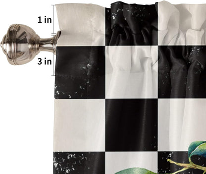 Kitchen Curtains and Valances Set,Summer Tropical Lemon Window Treatments Tiers Buffalo Plaid Black White Semi Sheer Half/Short Curtains for Small Windows Cafe /Living Room/ Bedroom 54x24 in, 3-Piece