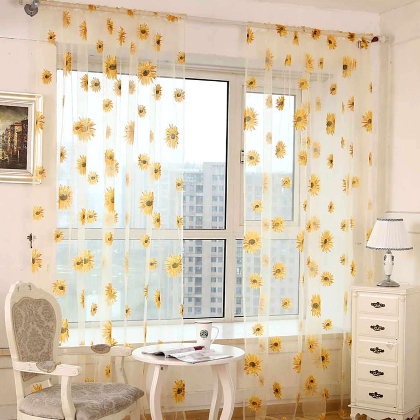 Sheer Curtains, 2PCS Sun Flower Floral Voile Sheer Curtain Soft Light Weight Window Panel 39x78in Sunflower Window Panel for Bedroom Living Room Kitchen Decor(Yellow)