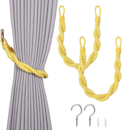 NICEEC 2 Pack Natural Cotton Rope Curtain Tiebacks Elegant Boho Style Decor Drape Tie Backs Soft Hand-Woven Double Rope Curtain Holdbacks with Metal Hook for Home & Office Drapery (Yellow)