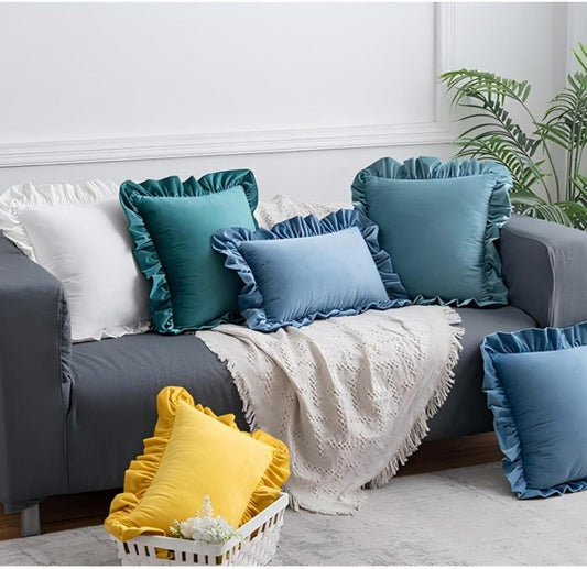 MOJUN Velvet Ruffled Throw Pillow Covers 18x18 Inch Set of 2, Soft Decorative Square Pillowcases with Ruffles Cushion Pillow Covers for Couch Sofa Bed Living Room Farmhouse, Yellow